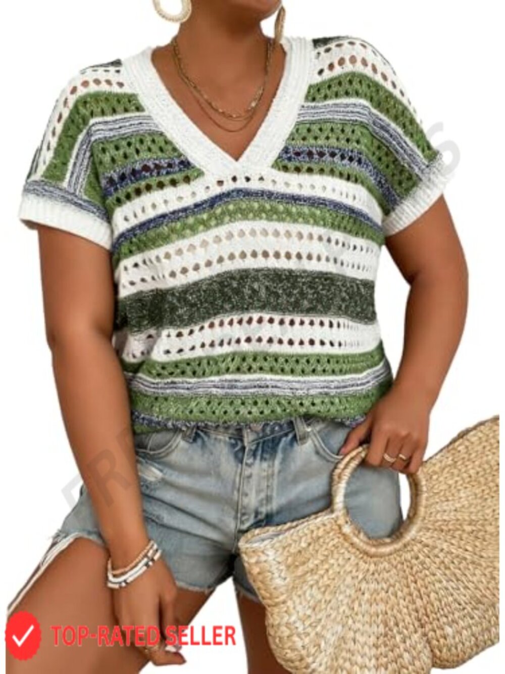Plus Size Oversized V-Neck Short Sleeve Hollow Out Crochet Knit Pullover Sweater